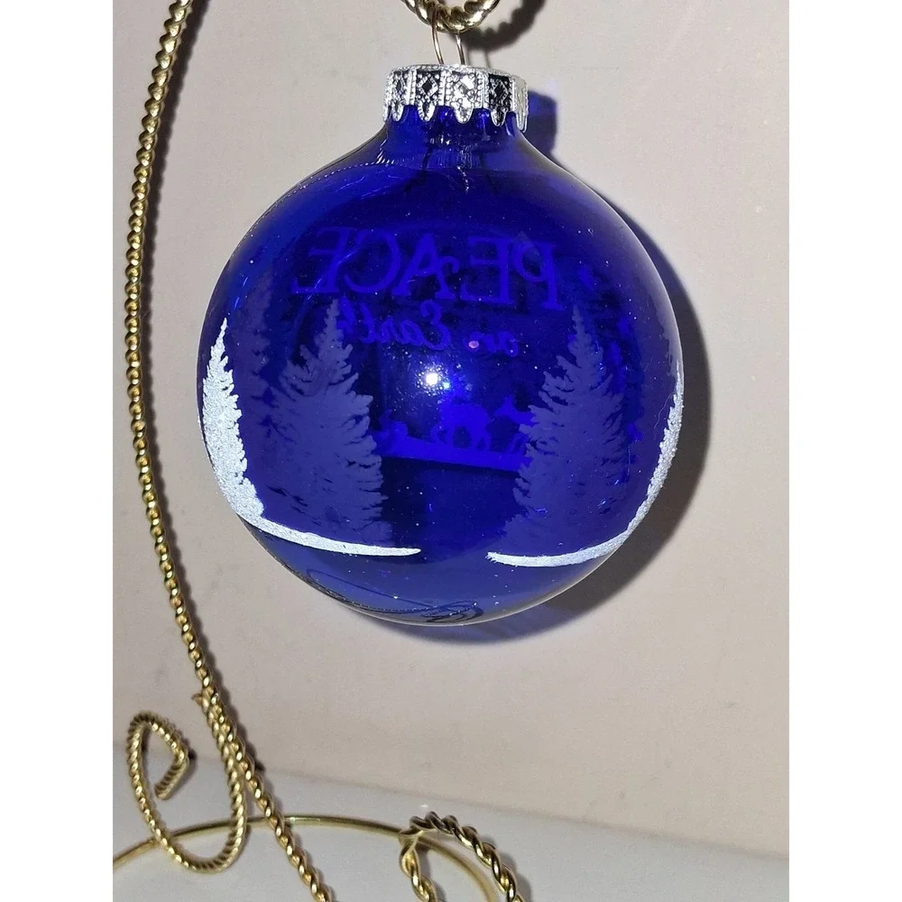 Bronner's Made in Hungary Peace on Earth Blue Glass Christmas Ornament Deer Wood